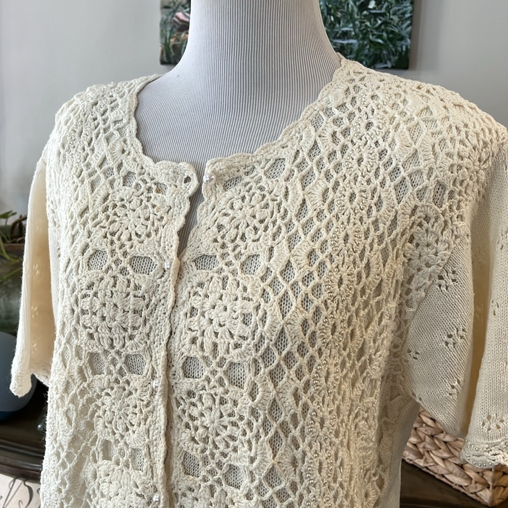 VINTAGE JACLYN SMITH CROCHETED KNIT BEADED SWEATER IVORY CREAM SIZE LARGE - Picture 3 of 16